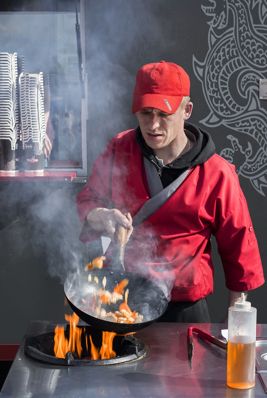 street, man, kitchen, master fire, oil, cooking, men, grown up HD wallpaper