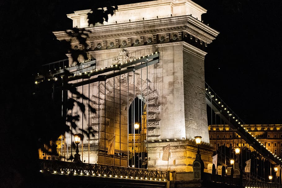 chain bridge, budapest, danube, hungary, water, at night, city HD wallpaper