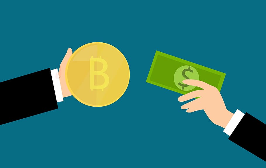 Illustration of hands exchanging Bitcoin cryptocurrency for regular cash money.