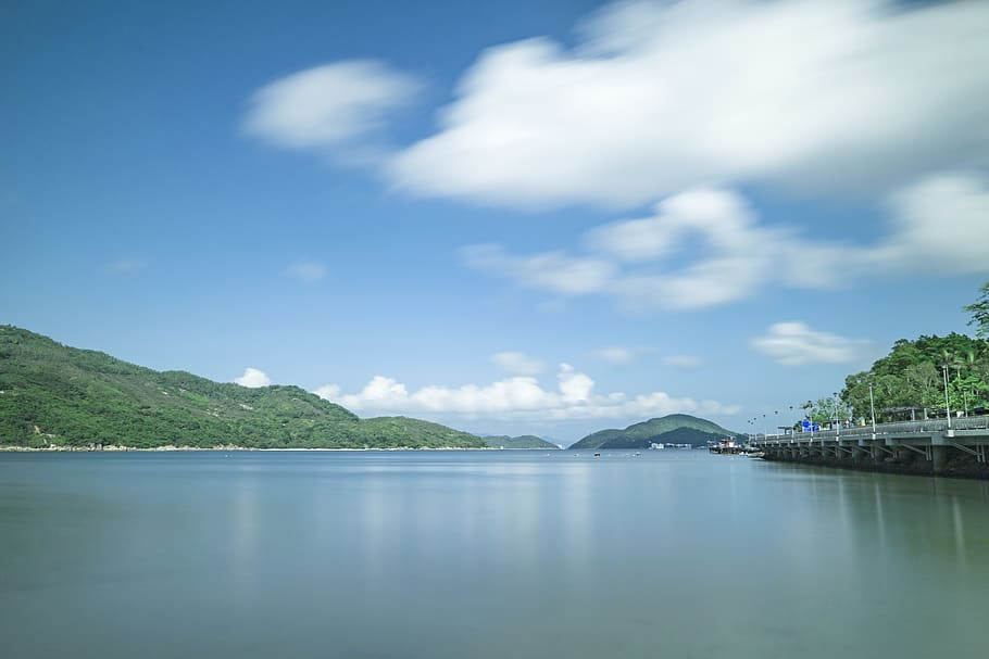 Body of Water Under White Clouds, bay, daylight, landscape, mountains HD wallpaper
