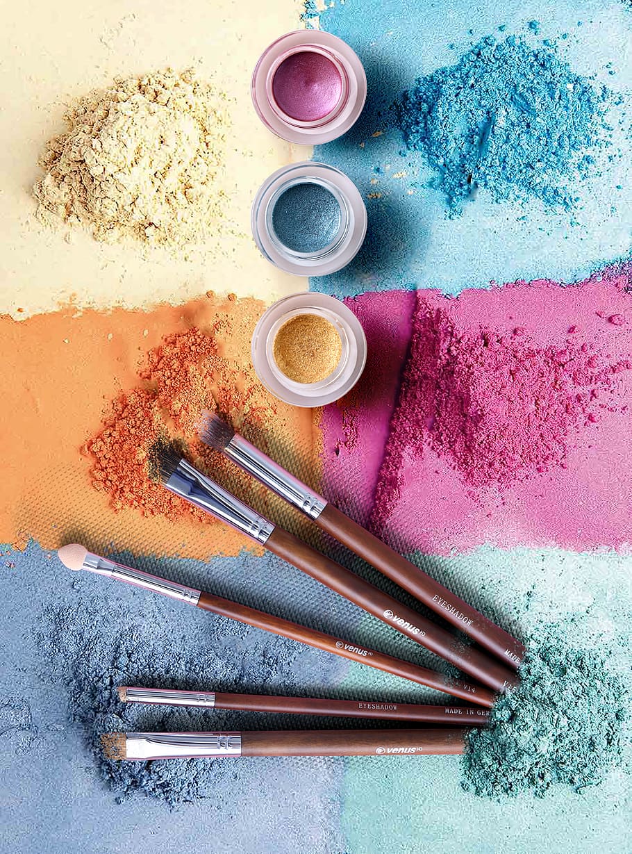 Colored Powders and Brush, blue, blushes, bright, close-up, colorful HD wallpaper