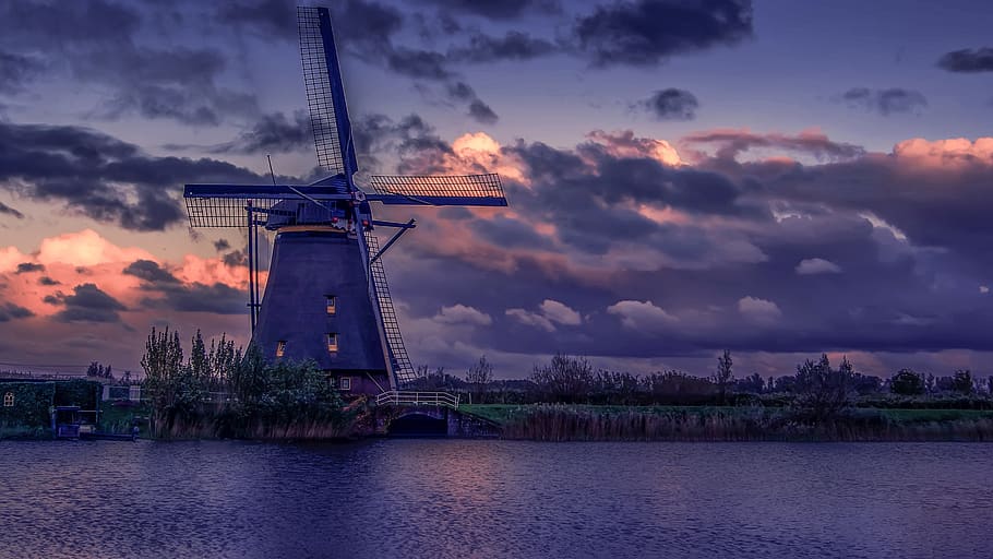 Windmill Near River during Sunset, architecture, bridge, clouds HD wallpaper
