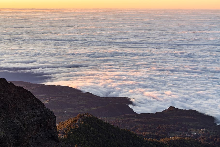 aerial photography of clouds covered mountains, spain, la palma