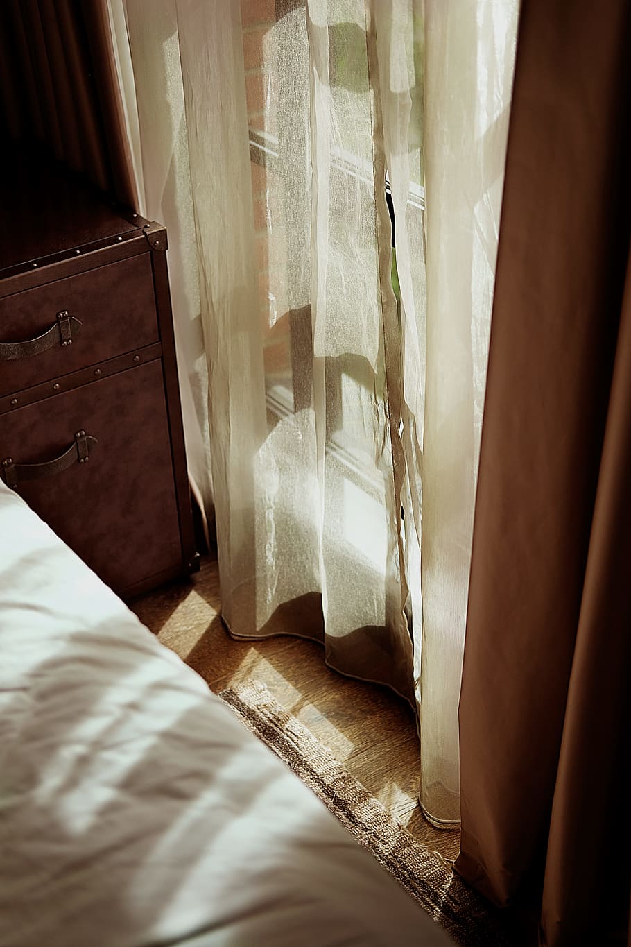 brown wooden nightstand, curtain, window, sunlight, indoor, bedroom HD wallpaper