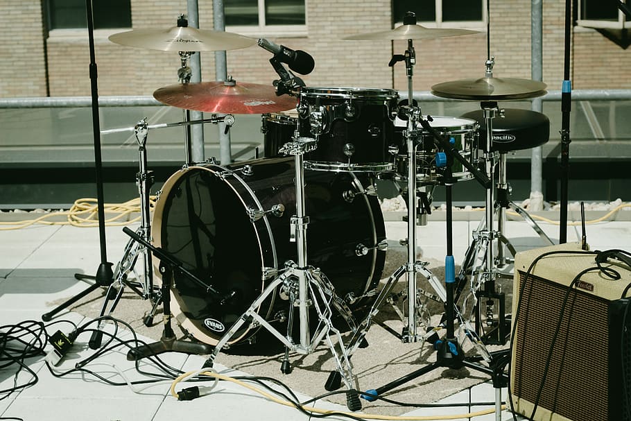black music drum set, musical instrument, percussion, leisure activities HD wallpaper