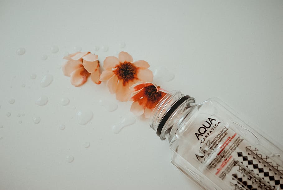 Aqua Carpatica Perfume Bottle, close-up, container, drops, flowers HD wallpaper