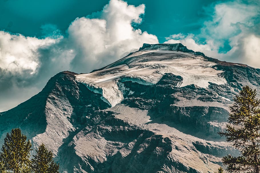Rocky Mountain Under Blue Cloudy Sky, clouds, daylight, glacier HD wallpaper