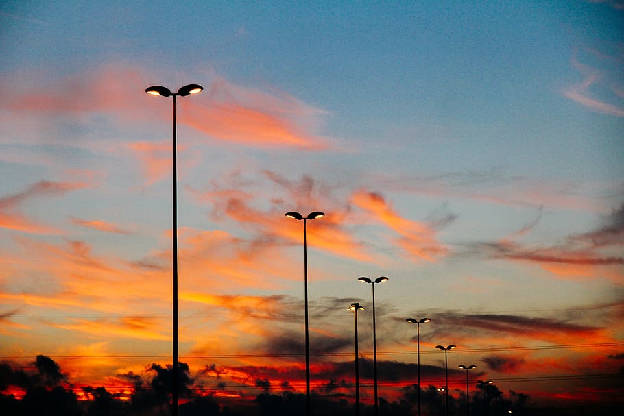 Photo of Street Lamps During Dawn, 4k wallpaper, backlit, clouds HD wallpaper
