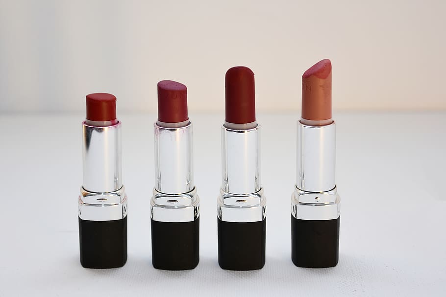 Four Aligned Assorted-color Lipsticks, cosmetics, make up, indoors HD wallpaper