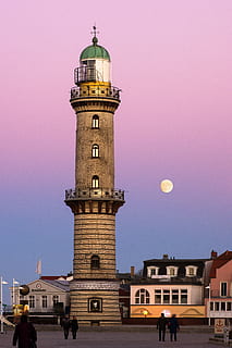 moon, architecture, warnemünde, rostock, lighthouse, evening HD wallpaper