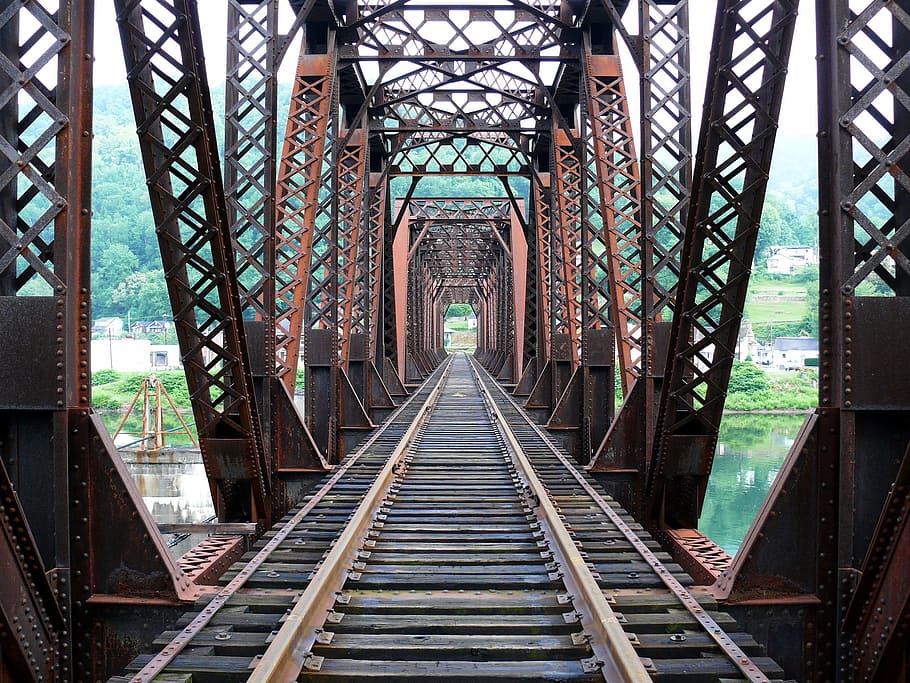 bridge, rail, railroad, construction, metal, route, path, train, HD wallpaper