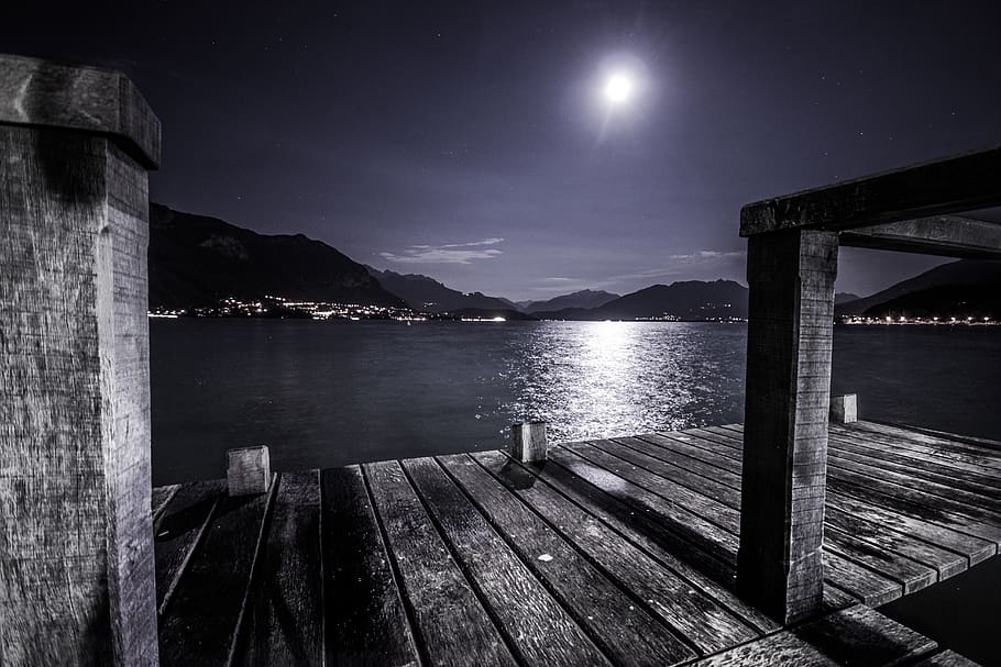 water, sky, night, wood - material, moon, scenics - nature HD wallpaper