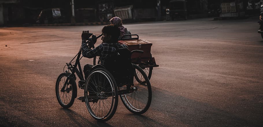 two persons riding trikes on road, furniture, chair, wheel, machine HD wallpaper
