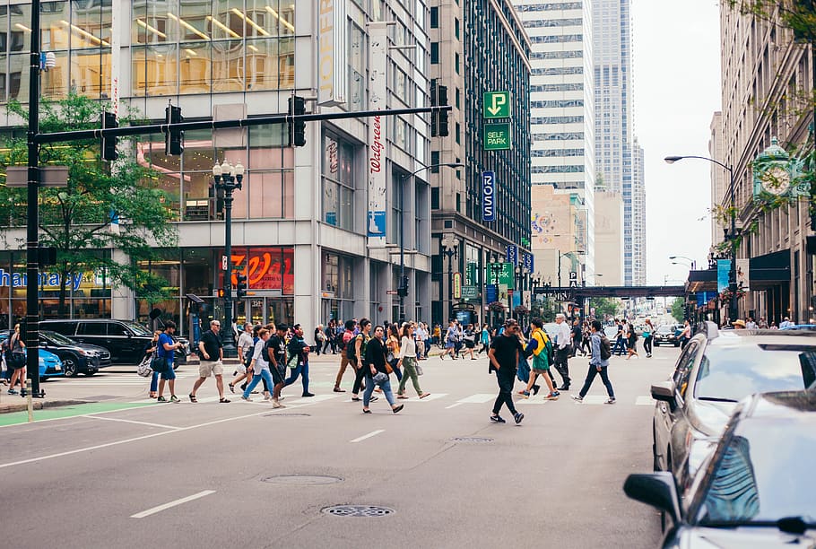 people walking on road, chicago, urban, street, pedestrian, building HD wallpaper