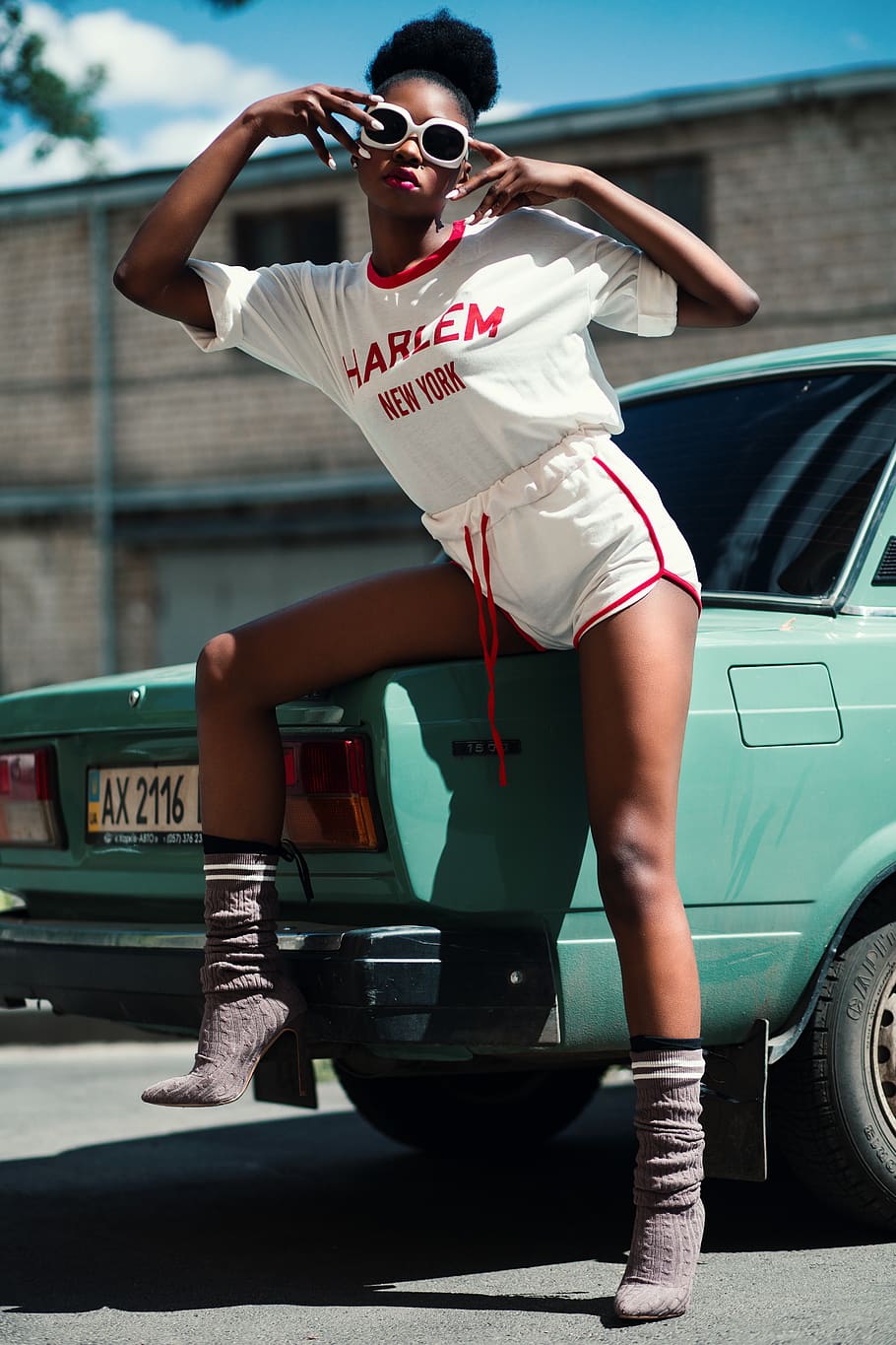 Woman in Harlem Suit, building, car, clouds, daytime, girl, model HD wallpaper