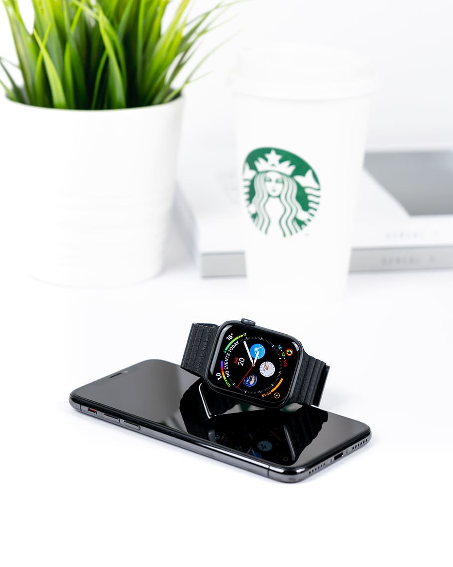 smartwatch on top of smartphone, iphonex, clean, simple, white desk, HD wallpaper