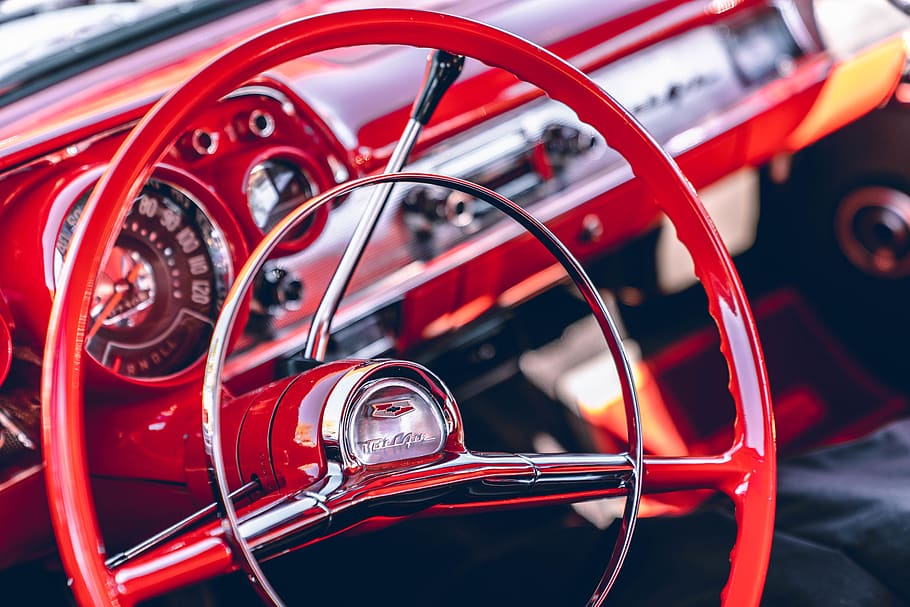 red steering wheel, vehicle, car, transportation, automobile, HD wallpaper