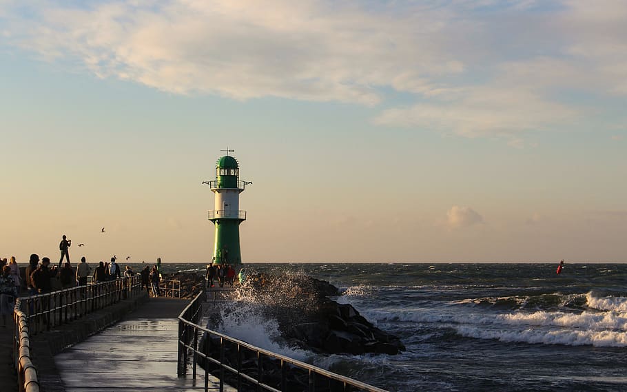 germany, rostock, westmole, lighthouse, sea, sunset, sky, people HD wallpaper