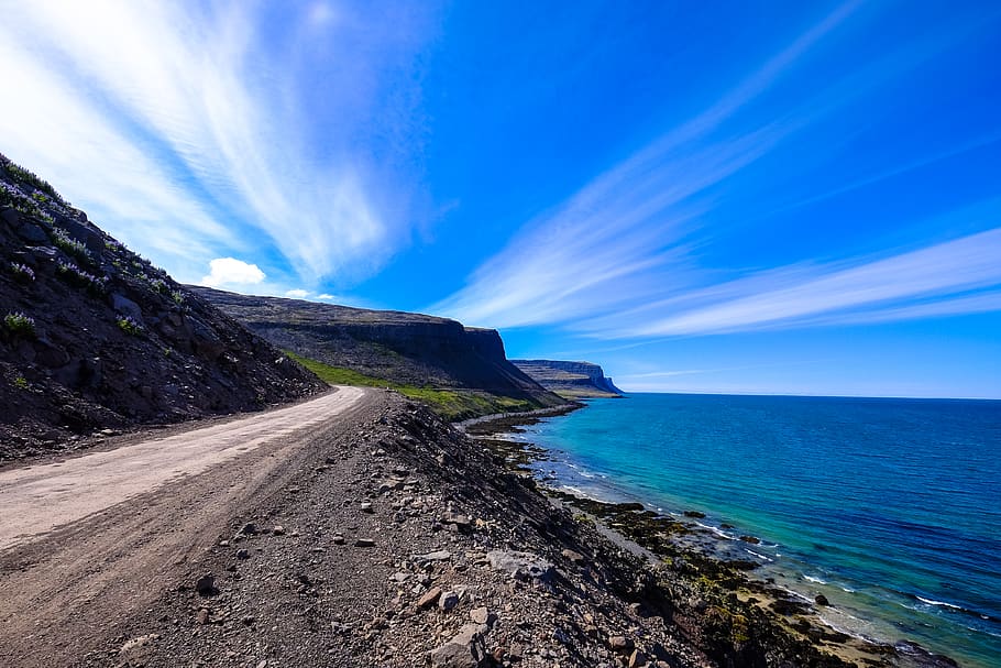 Winding Road Near Calm Body of Water, beach, clouds, cloudscape HD wallpaper