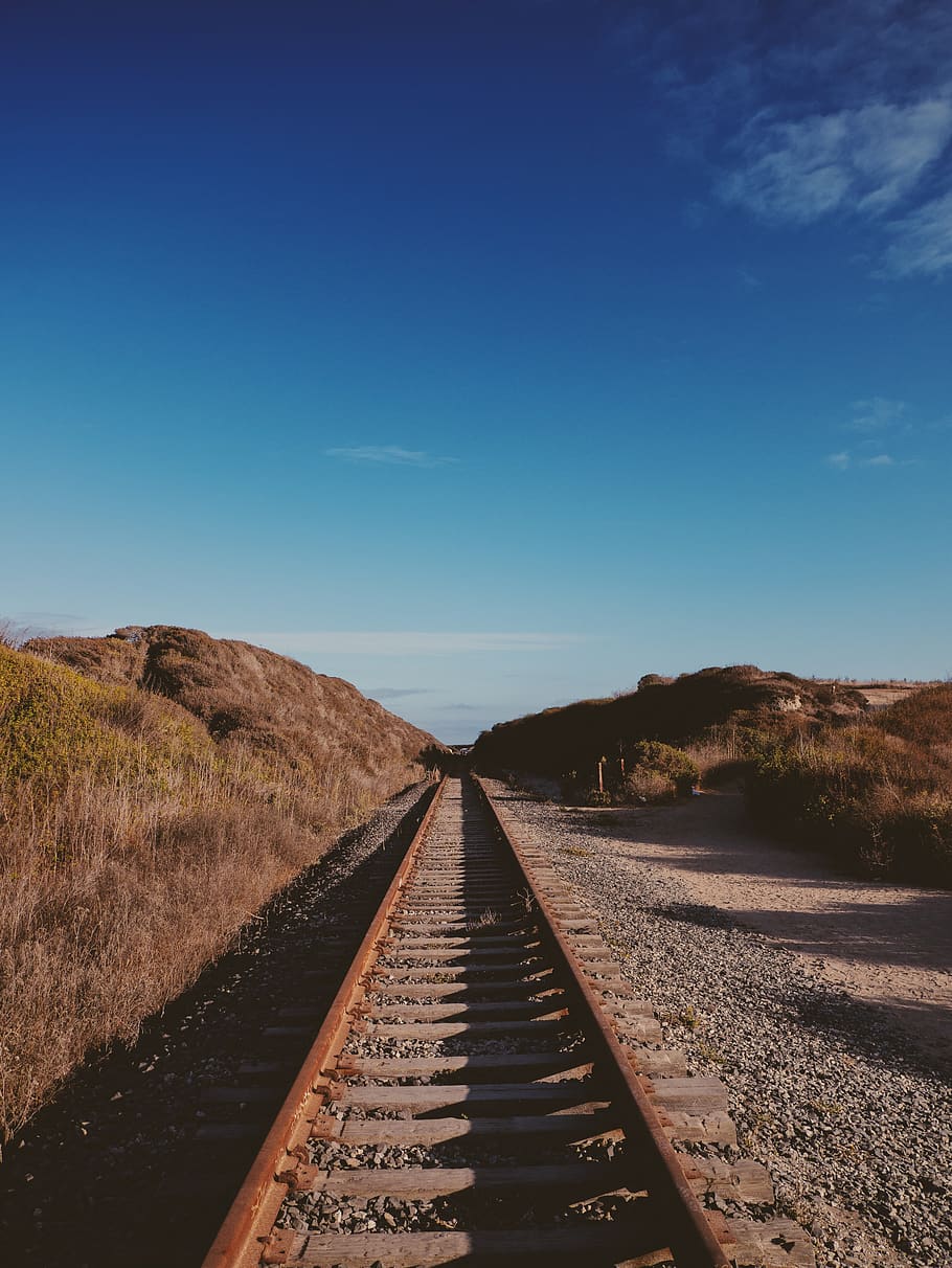 brown train rails, track, sky, cloud, grass, outdoors, travel HD wallpaper