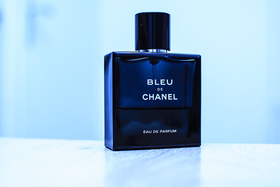 HD wallpaper: Bleu De Chanel perfume bottle, blue, western script