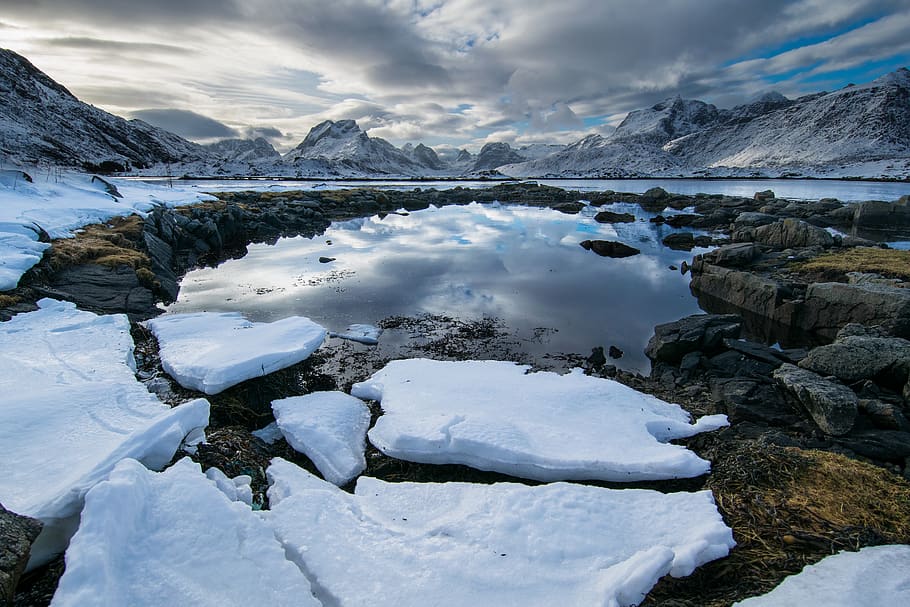 white snow mountain, cold temperature, winter, water, beauty in nature HD wallpaper