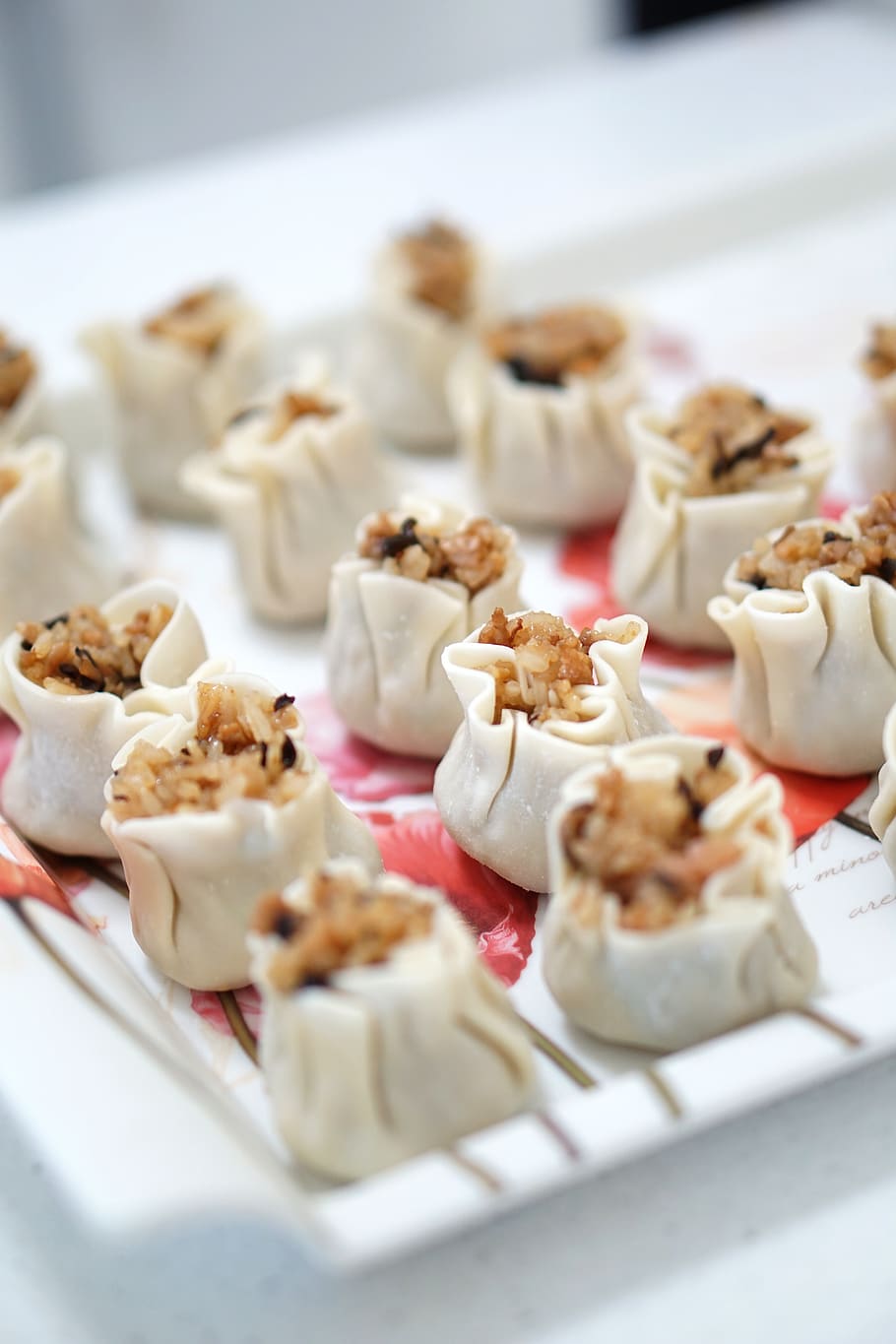 dim sum on white plate, food, pastry, dessert, cream, creme, tray HD wallpaper