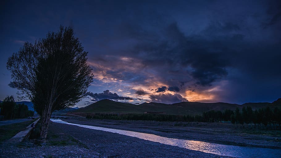 sunset, river, landscape, trees, sky, beauty in nature, tranquil scene HD wallpaper