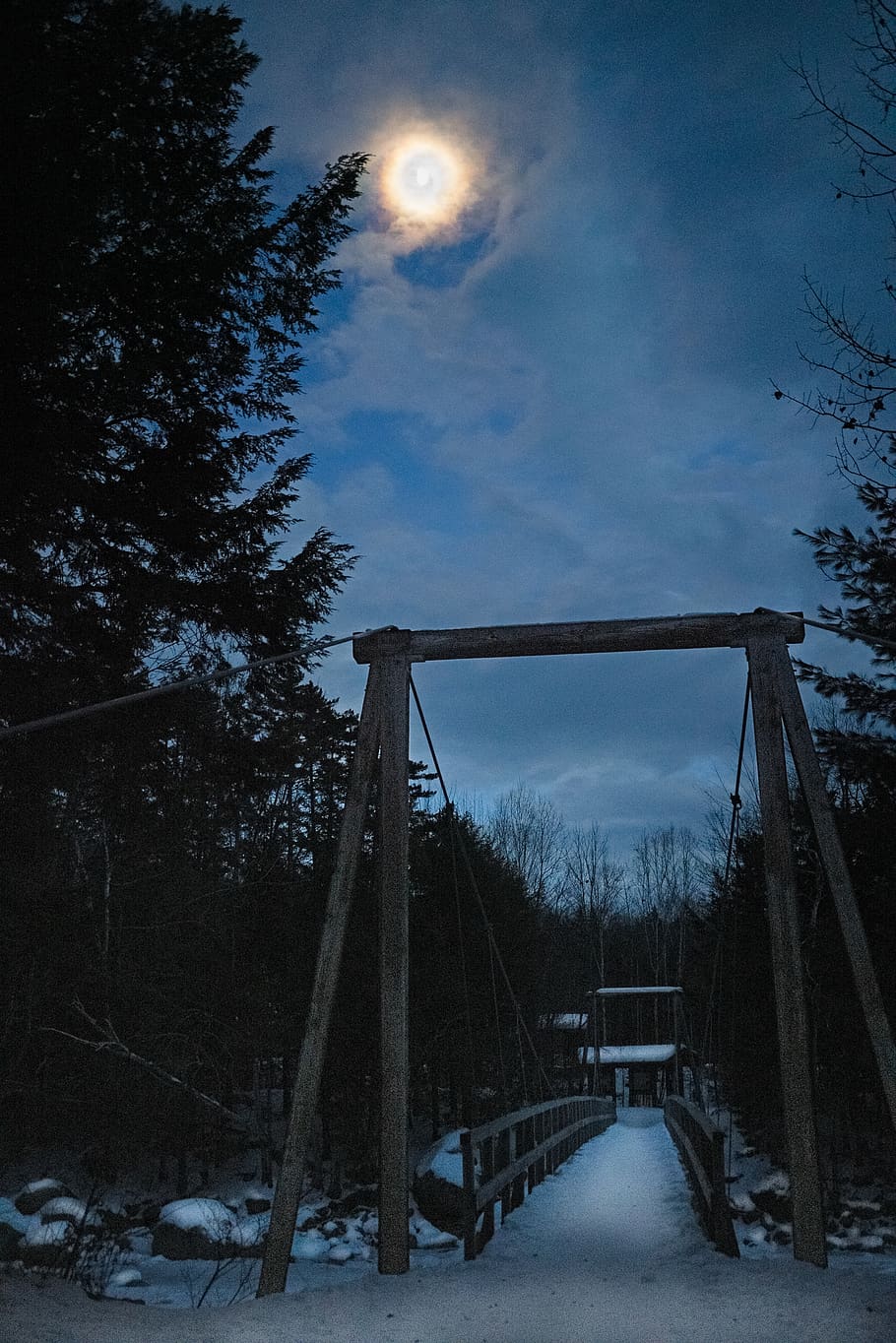 wooden bridge during night, playground, play area, toy, swing HD wallpaper