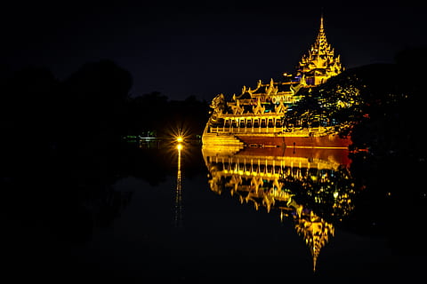 myanmar, yangon, downtown, night, illuminated, reflection, water HD wallpaper
