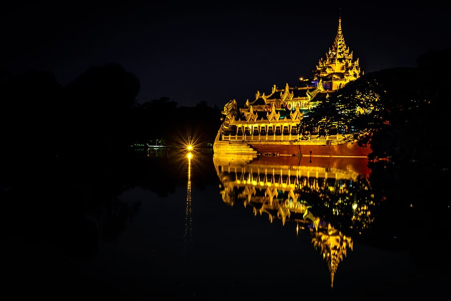 myanmar, yangon, downtown, night, illuminated, reflection, water
