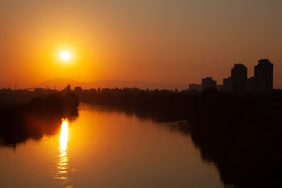 croatia, zagreb, sunset, sky, water, orange color, reflection HD wallpaper