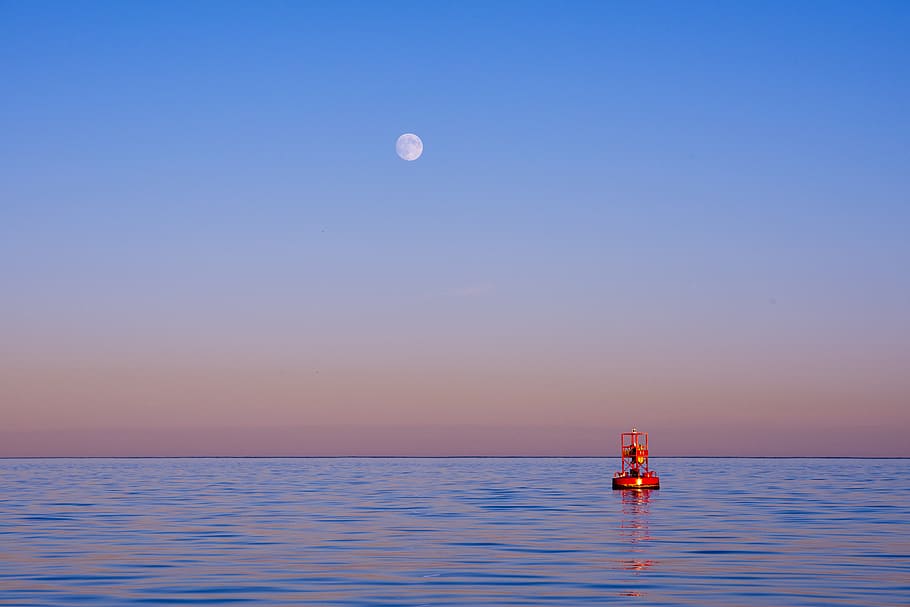 canada, bear cove, moon, sunset, calm, buoy, nova scotia, marine, HD wallpaper
