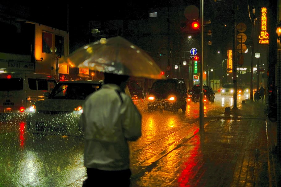 man using clear silicon umbrella during raining, wet, night, illuminated HD wallpaper