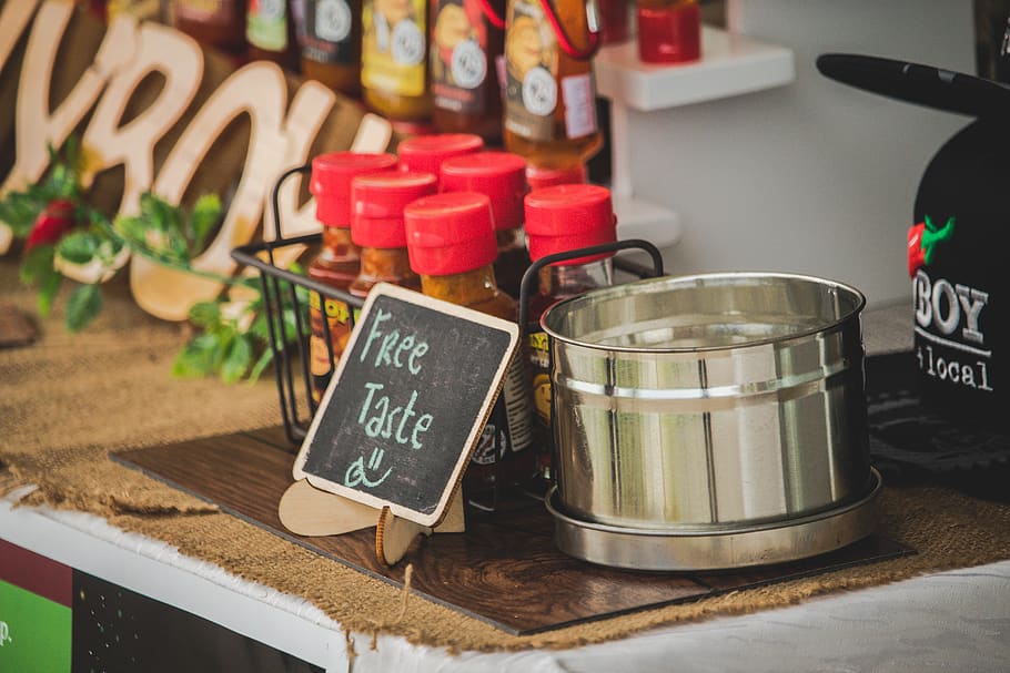 Free Taste Signage, bottles, close-up, containers, counter, food HD wallpaper