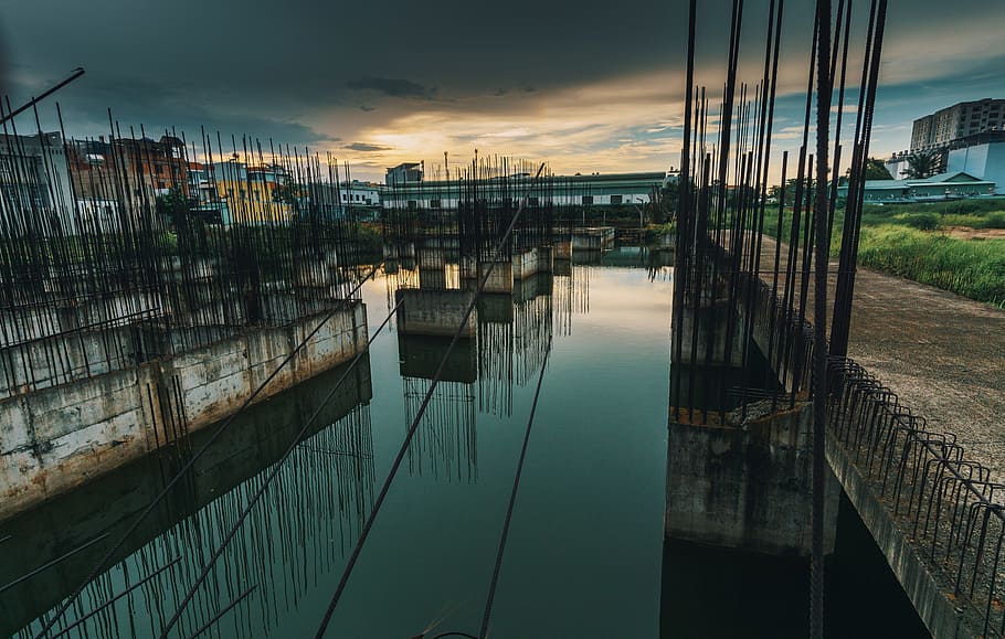 Photo of Metal Bars on Water Under Dark Sky, architecture, bridge HD wallpaper