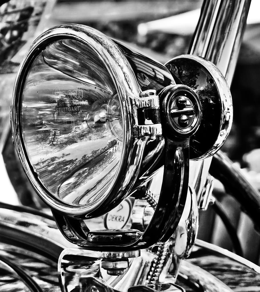 vehicle, chrome, spotlight, oldtimer, land vehicle, close-up HD wallpaper