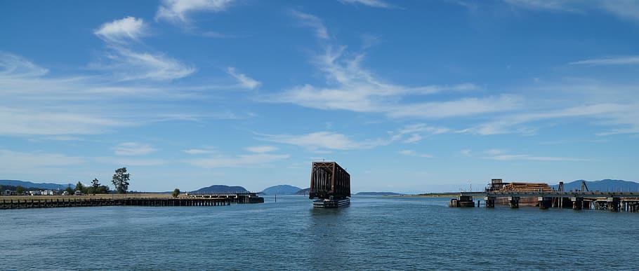 water, blue, sky, bridge, railroad, seascape, industrial, travel HD wallpaper