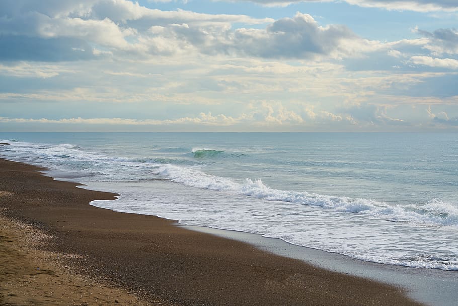 marine, beach, landscape, wave, sand, sky, clouds, rainy, winter HD wallpaper