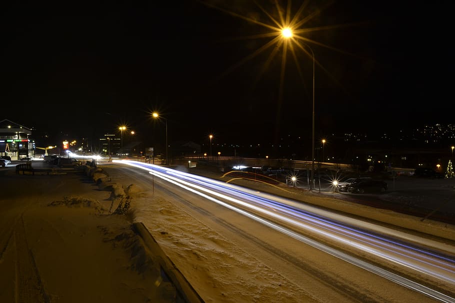 norway, geilo, night, street, illuminated, city, street light HD wallpaper
