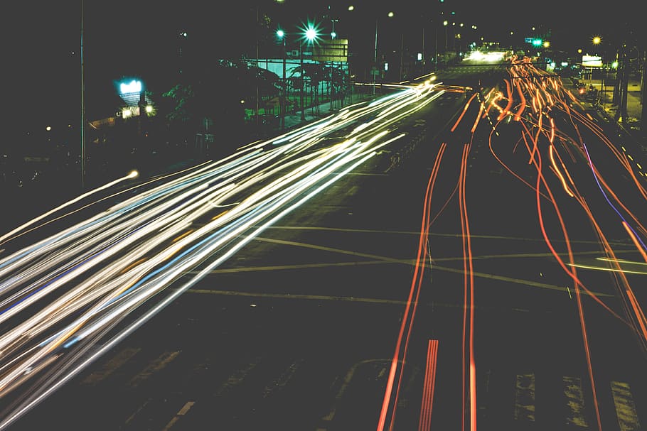 night, illuminated, long exposure, city, light trail, motion HD wallpaper