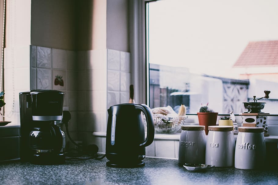 Photograph of a Kitchen Counter, blur, close-up, coffee maker HD wallpaper