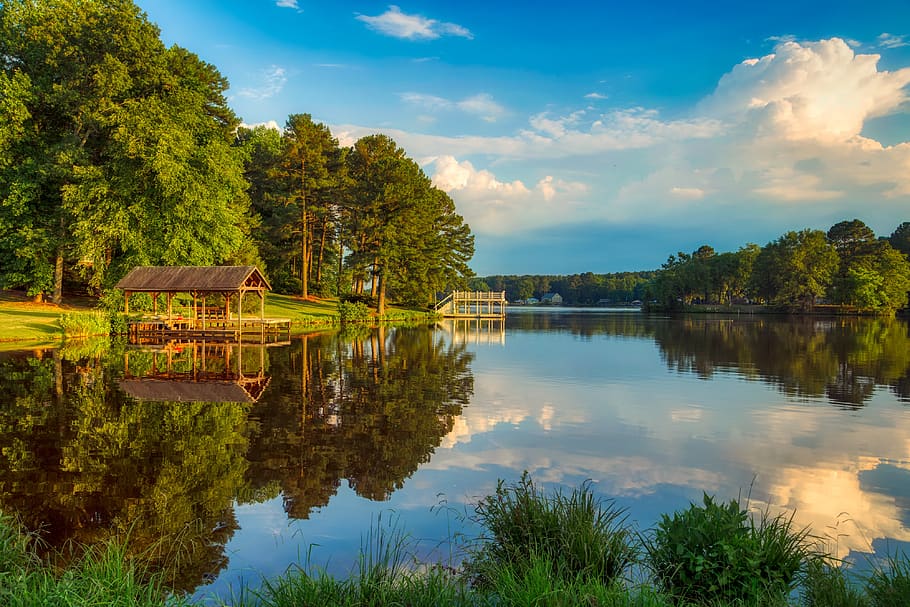 bunn lake, reflections, pier, dock, boathouse, landscape, scenic HD wallpaper