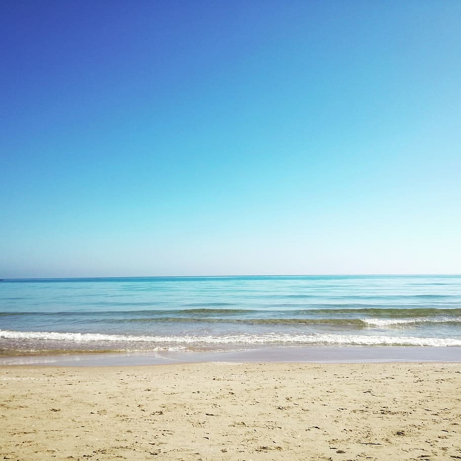 beach, sand, sky, landscape, sea, is, horizon, blue, panorama HD wallpaper