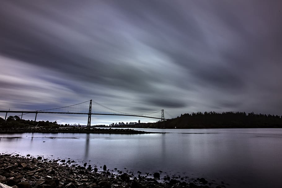 river beside bridge, building, suspension bridge, nature, road HD wallpaper