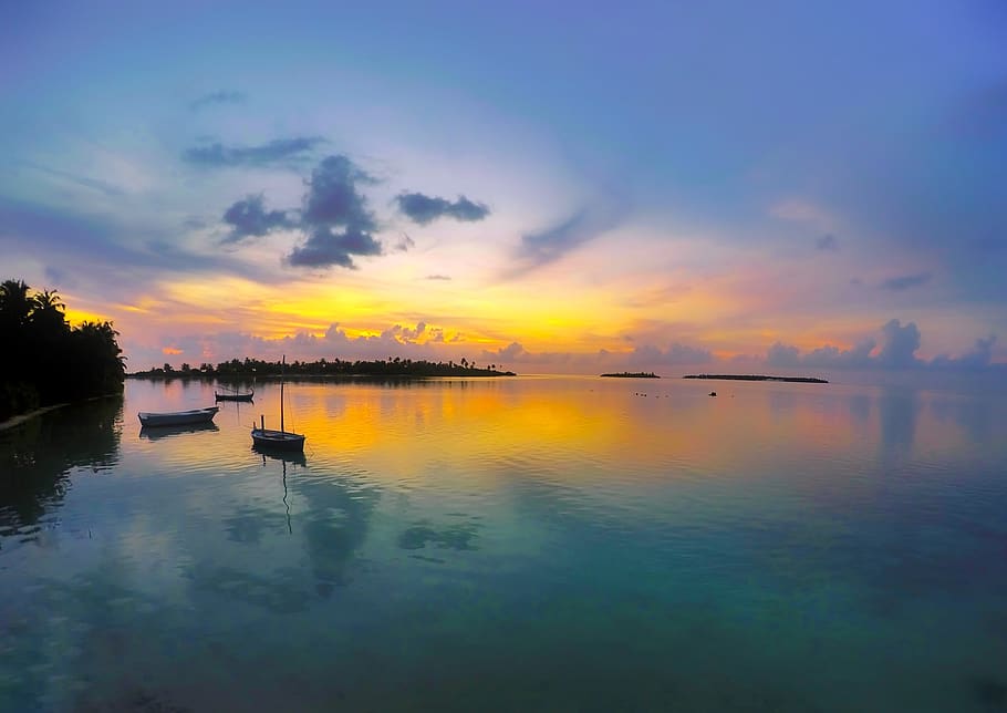 sunset, dusk, sky, clouds, tropics, tropical, bay, harbor, sea HD wallpaper