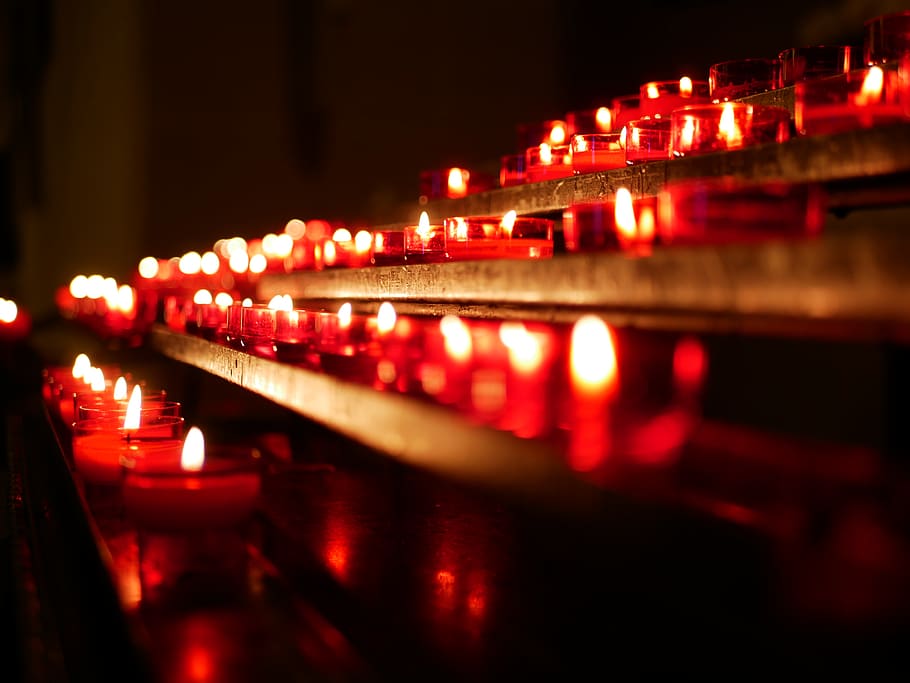 Candles, burning, flame, illuminated, lit, night, in a row, architecture HD wallpaper