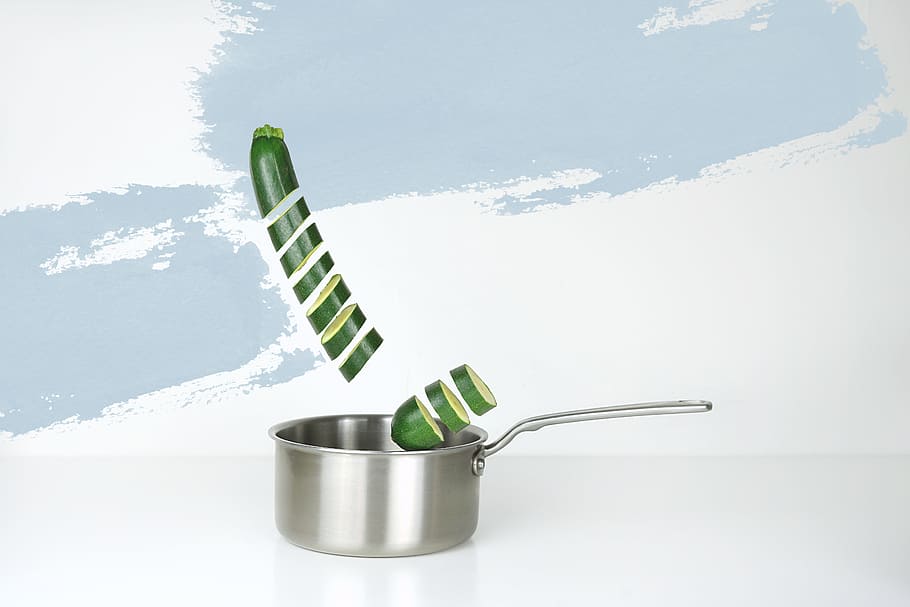 Gray Stainless Steel Sauce Pan and Green Cucumber Illustration, HD wallpaper