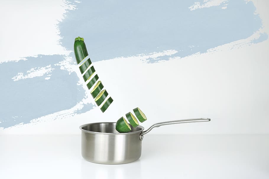 Gray Stainless Steel Sauce Pan and Green Cucumber Illustration HD wallpaper