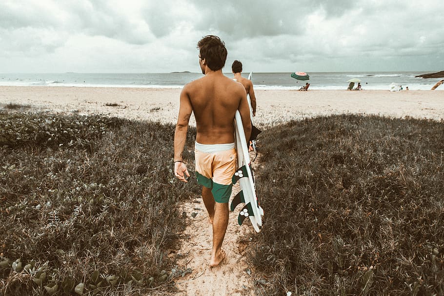 man carrying surfboard, back, skin, human, clothing, shorts, apparel, HD wallpaper